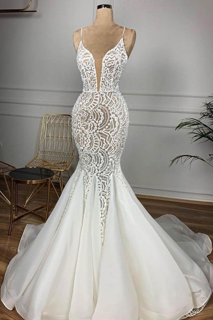 Luxury Spaghetti Straps V-Neck White Wedding Dresses Sleeveless Mermaid Hollow Bridal Gowns Online