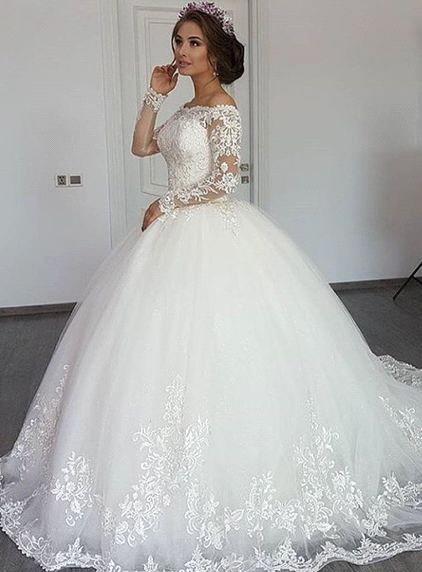 Elegant A-line Off-the-Shoulder Wedding Dresses Lace Appliques Long Sleeves Bridal Gowns On Sale