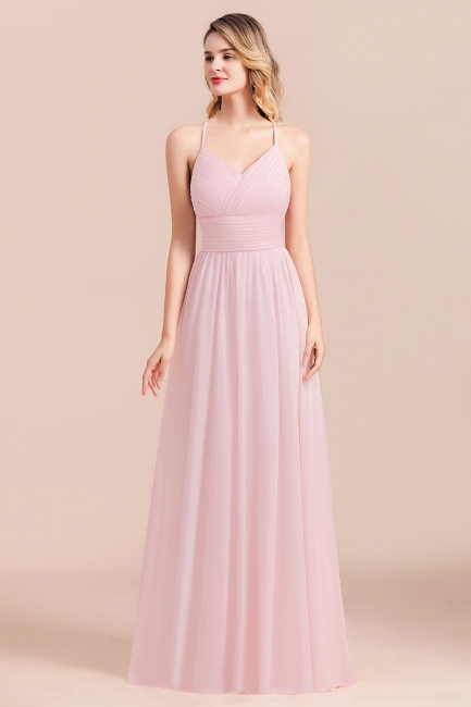 Romantic Spaghetti Straps Pink Chiffon Bridesmaid Dress Aline V-Neck Evening Swing Dress
