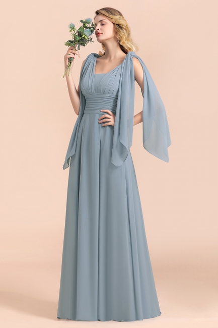 Grey Blue V-Neck Sleeveless Aline Wedding Guest Dress Simple Bridesmaid Dress Floor Length