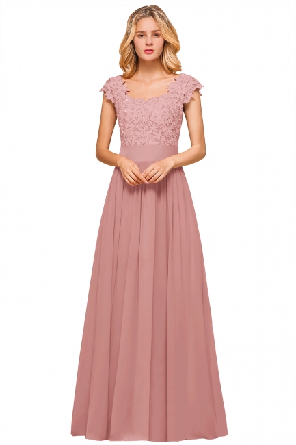 Modest Cap Sleeve Scoop Lace Beading Long Prom Dresses A-Line Chiffon Prom Dresses