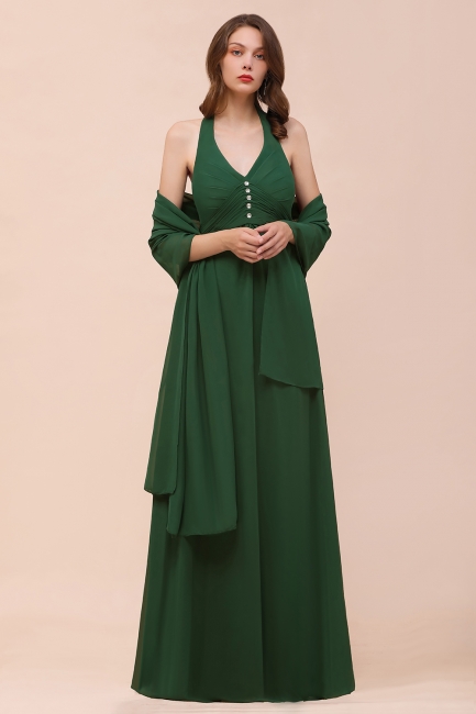Affordable Halter Beading Ruffle Dark Green Bridesmaid Dress With Shawl