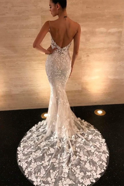 Modest Spaghetti Strap V-Neck Lace Mermaid Prom Dresses Backless Applique Formal Evening Dresses