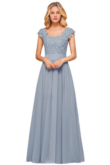 Modest Cap Sleeve Scoop Lace Beading Long Prom Dresses A-Line Chiffon Prom Dresses