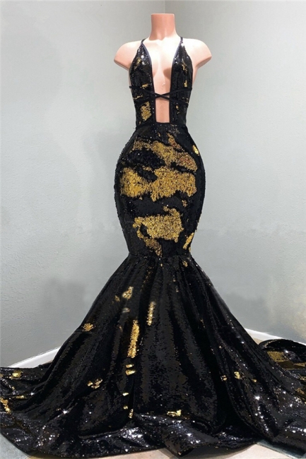 Sexy Spaghetti Straps Deep Neckline Prom Dresses Sequined Black Mermaid Formal Dresses
