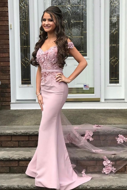 Modest Pink Off-the-Shoulder V-Neck Prom Dresses Mermiad Applique Evening Dresses with Flower Sash