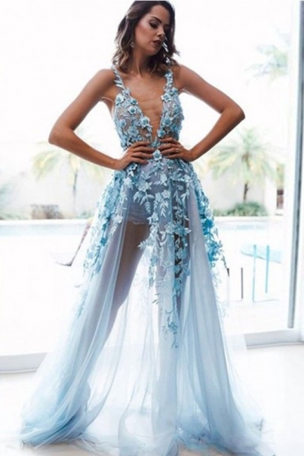 Modest Blue Straps V-Neck Backless Prom Dresses Applique A-line Floor Length Evening Dresses with Flower