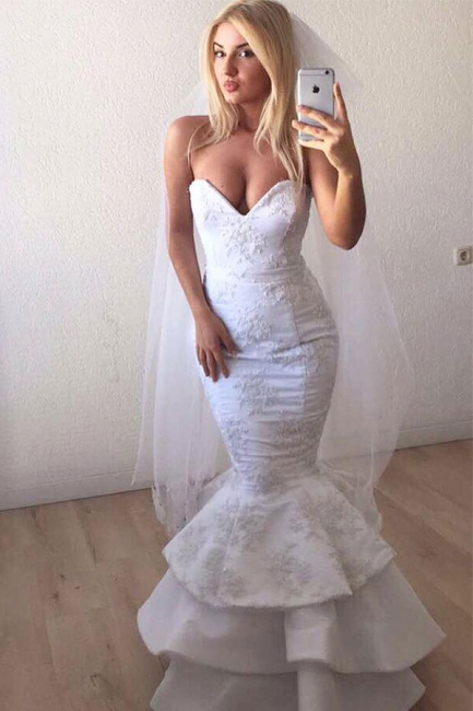 Sexy Strapless Sweetheart White Wedding Dresses Lace Appliques Mermaid Ruffles Long Bridal Gowns Online