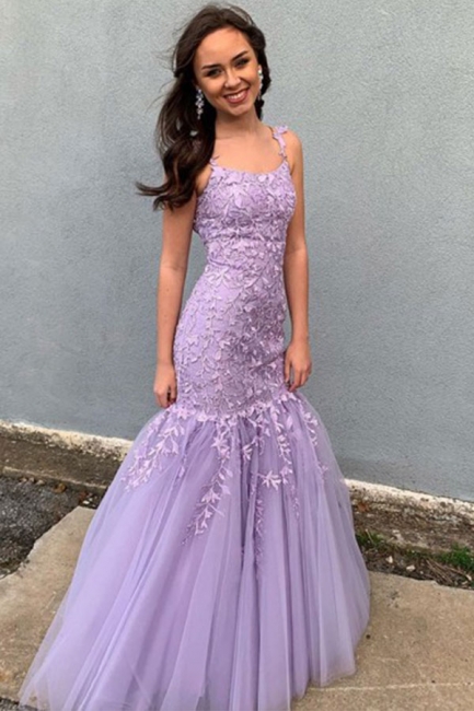 Purple Strapless Applique Lace Mermaid Prom Dresses Sleeveless Ruffles Floor Length Evening Dresses