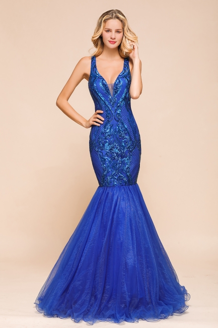 Elegant V-Neck Sequined Royal Blue Tulle Prom Dresses Sleeveless Lace Appliques Mermaid Evening Dresses