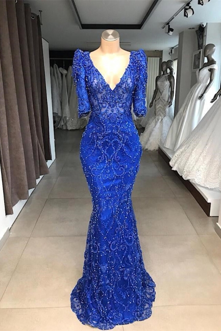 Elegant Royal Blue V-Neck Fitted Prom Dresses Half Sleeves Appliques Formal Party Dresses