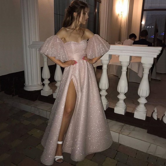 Affordable Pink Off-the-shoulder Sequined Long Prom Dresses Front Slit A-line Backless Evening Dresses