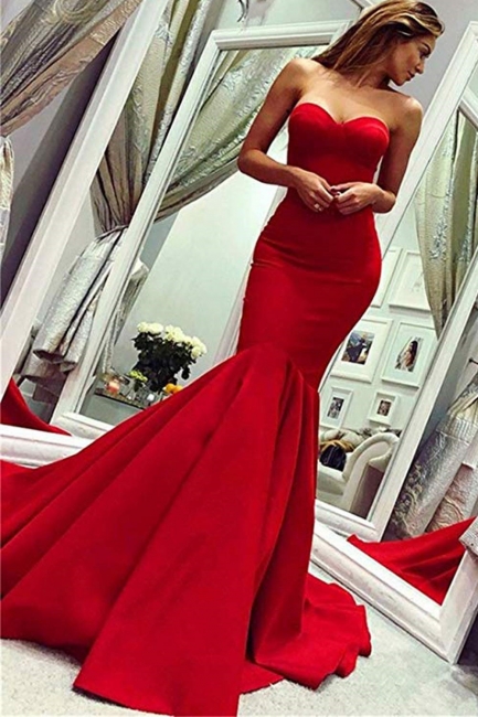 Sexy Red Satin Sweetheart Backless Prom Dresses Mermaid Sleeveless Evening Gowns