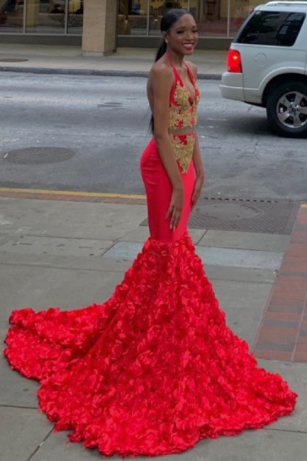 Stunning Two Piece Halter Lace Red Mermaid Prom Dress Deep V-Neck Appliques Evening Dresses On Sale