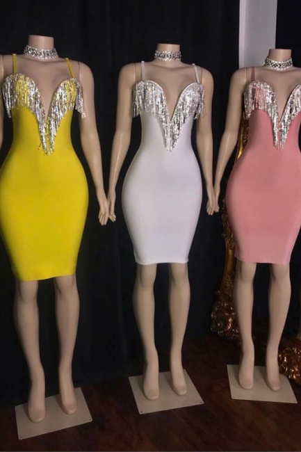 Sexy Spaghetti Straps Bodycon Short Prom Dress Sheath Knee Length Party Dresses with Tassels Online