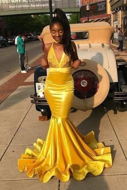 Exquisite Yellow Spaghetti Straps Lace Prom Dress V-Neck Sleeveless Appliques Party Dresses On Sale