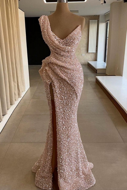 Affordable One-Shoulder Ruffle Pink Prom Dress Sparkly Sequin Front Slit Party Dresses Online