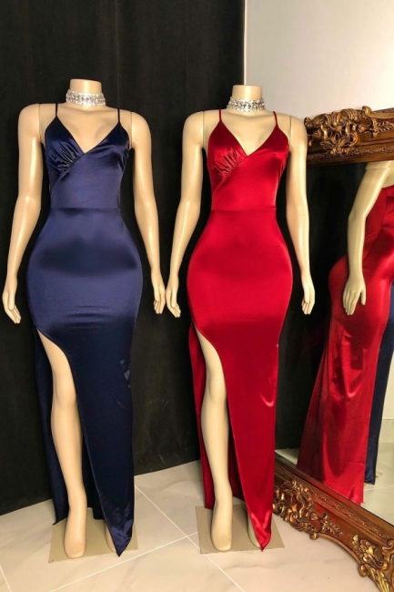 Sexy Silky Spaghetti Straps V-Neck Prom Dress Sexy High Slit Formal Party Dresses On Sale