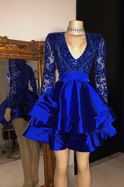 Elegant Royal Blue V-Neck A-Line Short Prom Dress Long Sleeves Knee Length Party Dresses On Sale