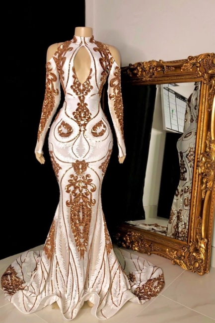 Chic High Neck Long Sleeves Prom Dress Mermaid Keyhole Long Gold Appliques Evening Dresses On Sale
