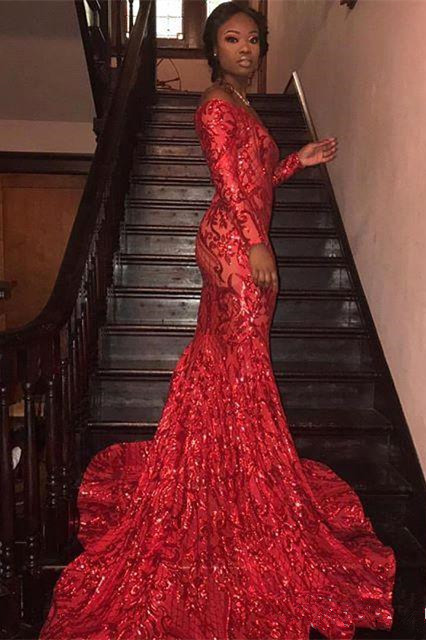 Glamorous Off-the-Shoulder Red Mermaid Prom Dress Stunning Long Sleeves Sequins Formal Dresses Online