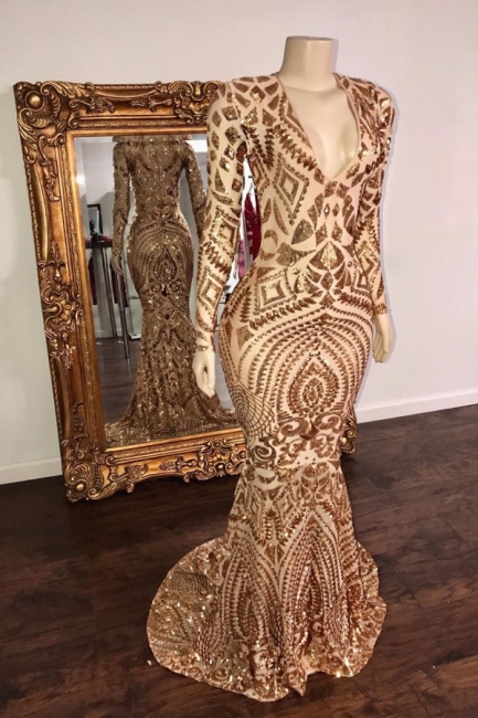 Stunning V-Neck Gold Mermaid Prom Dress Long Sleeves Rhinestones Formal Dresses On Sale