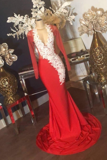 Elegant Long Sleeves Illusion Neckline Red Mermaid Prom Dress White Lace Appliques Evening Dresses On Sale