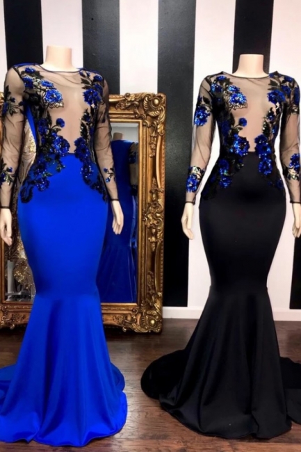 Modest Jewel Sheer Mermaid Long Prom Dress Long Sleeves Appliques Party Dresses Online