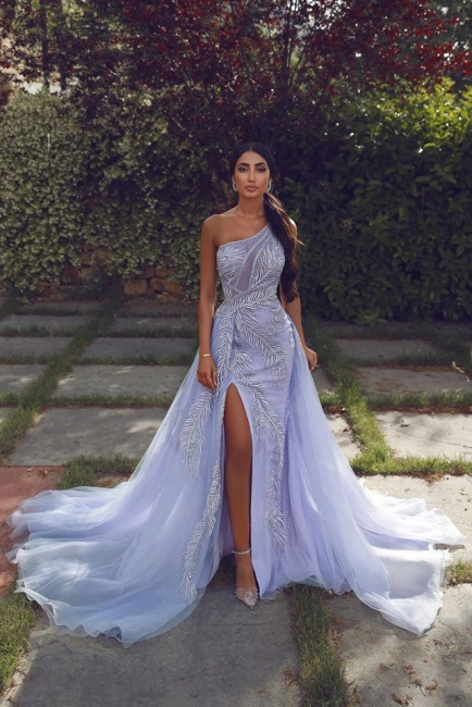 Affordable One-Shoulder Appliques Lilac Mermaid Prom Dress Sexy Side Slit Party Dresses with Detachable Train