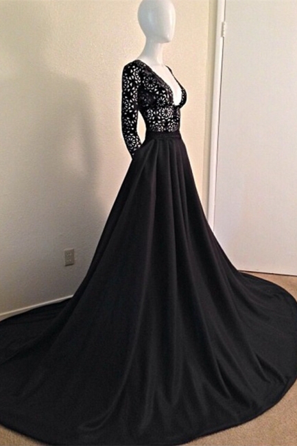 Black Lace  Long Evening Dress Elegant V Neck Popular Party Dress
