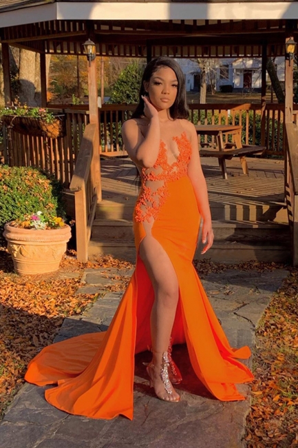 Chic Jewel Sheer Sleeveless Mermaid Prom Dress Appliques Side Slit Orange Evening Dresses On Sale