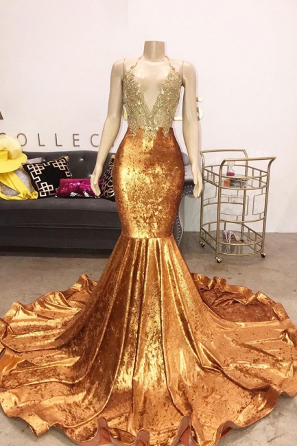 Spaghetti Straps V-Neck Lace Orange Prom Dress Appliques Mermaid Sleeveless Formal Dresses Online
