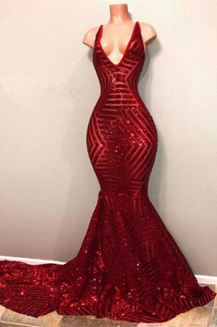 Mermaid Red Sequins Prom Dresses  V-neck Sleeveless Long Train Sexy Evening Gown BA7779