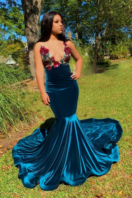 Modest Spaghetti Straps V-Neck Lace Prom Dress Appliques Dark Blue Mermaid Evening Dresses On Sale