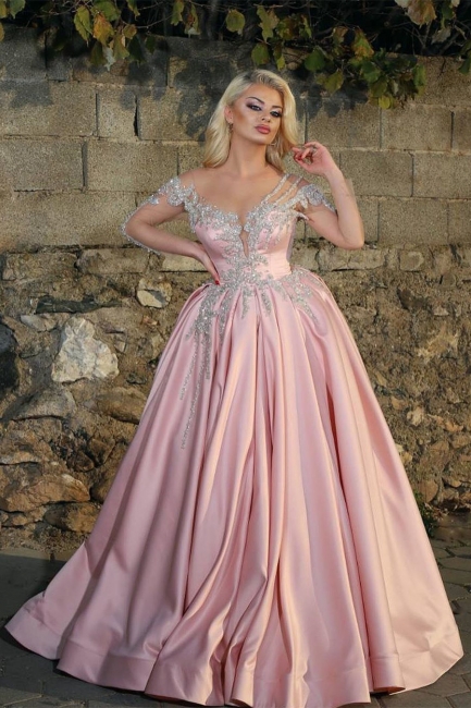 Elegant Off-the-Shoulder Pink Princess Prom Dress Long Sleeves Appliques Formal Dresses On Sale