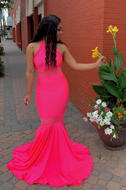 Affordable halter Hot Pink Mermaid Prom Dress Sleeveless Ruffles Party Dresses On Sale