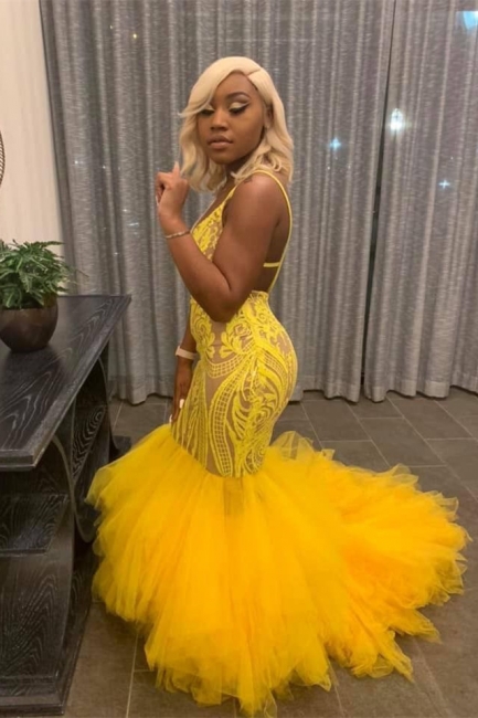 Stunning Yellow Tulle Mermaid Lace Prom Dress Spaghetti Straps Open Back Evening Dresses with Appliques