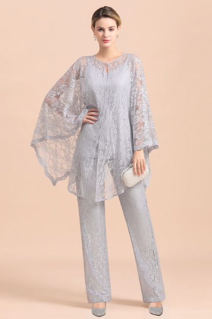Trendy Long sleeves Silver Lace Wraps V-Neck Mother of Bride Jumpsuit