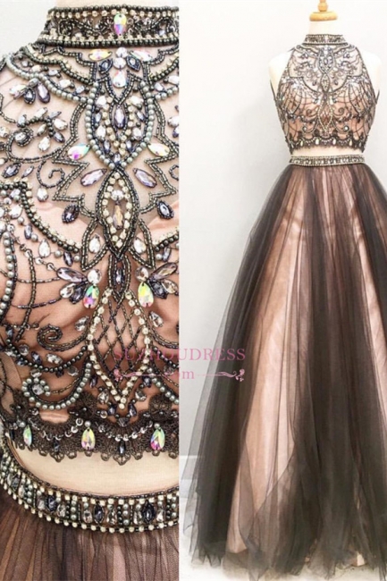 Sleeveless  Formal Dress Glamorous Tulle A-Line Two-Pieces Crystal Prom Dress BA4658