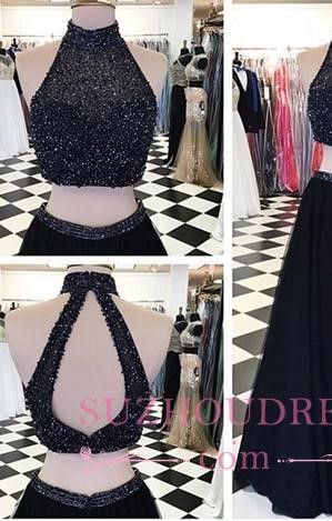 High-Neck Two-Piece Long Beaded A-line Black Prom Dresses