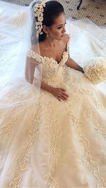 Gorgeous Off the Shoulder Princess Dress Latest Chapel Train Lace Wedding Dresses