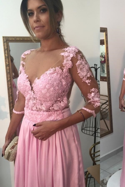 Pink Prom Dress 3/4 Sleeved Long Evening Dress with Lace Appliques