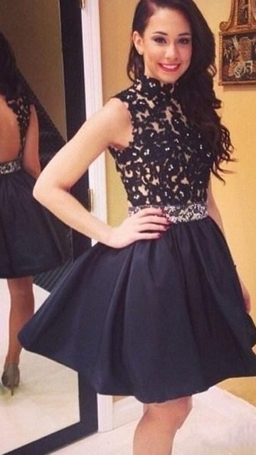 Black High Collar A-Line Mini  Party Dress Open Back Lace Short Homecoming Dresses