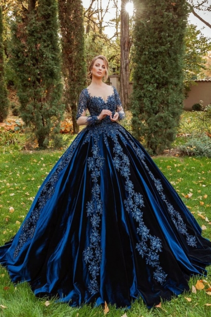 Blue Velvet Evening Dresses With Sleeves Prom Dresses Long
