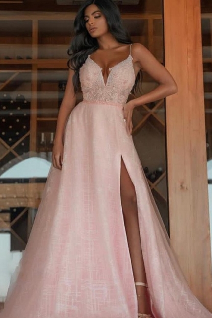 Spaghetti Straps V-Neck Evening Prom Dress with Side Split