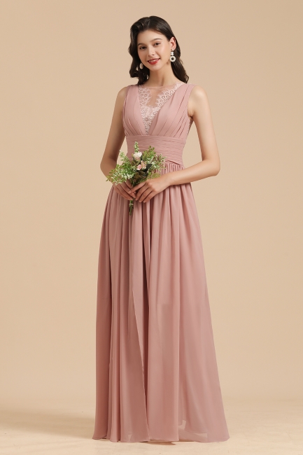 Elegant Sleevele Dusty Pink Chiffon Bridesmaid Dress Ruffle Beach Wedding Dress
