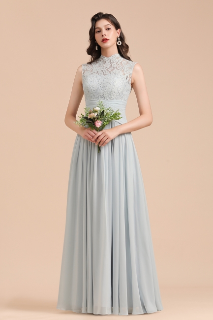 High Neck Floral Lace Aline Bridesmaid Dress Floor Length Chiffon Wedding Party Dress