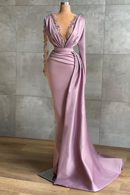 Elegant Deep V-Neck Long Sleeves Flower Ruffles Mermaid Satin Prom Dress With Side Tail