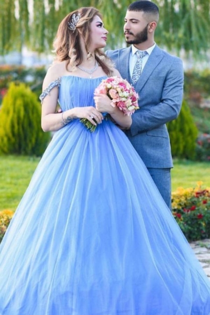 Romantic Off the Shoulder Sky Blue Wedding Gown Tulle Lace Prom Party Dress