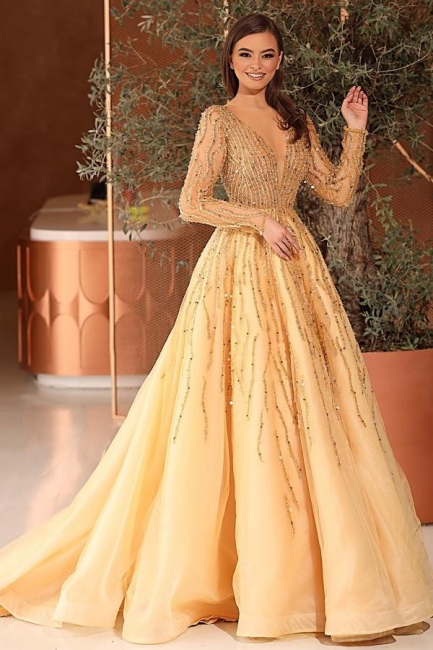 Gorgeous Tulle Daffodil Crystal A-Line Prom Dresses With Long Sleeves